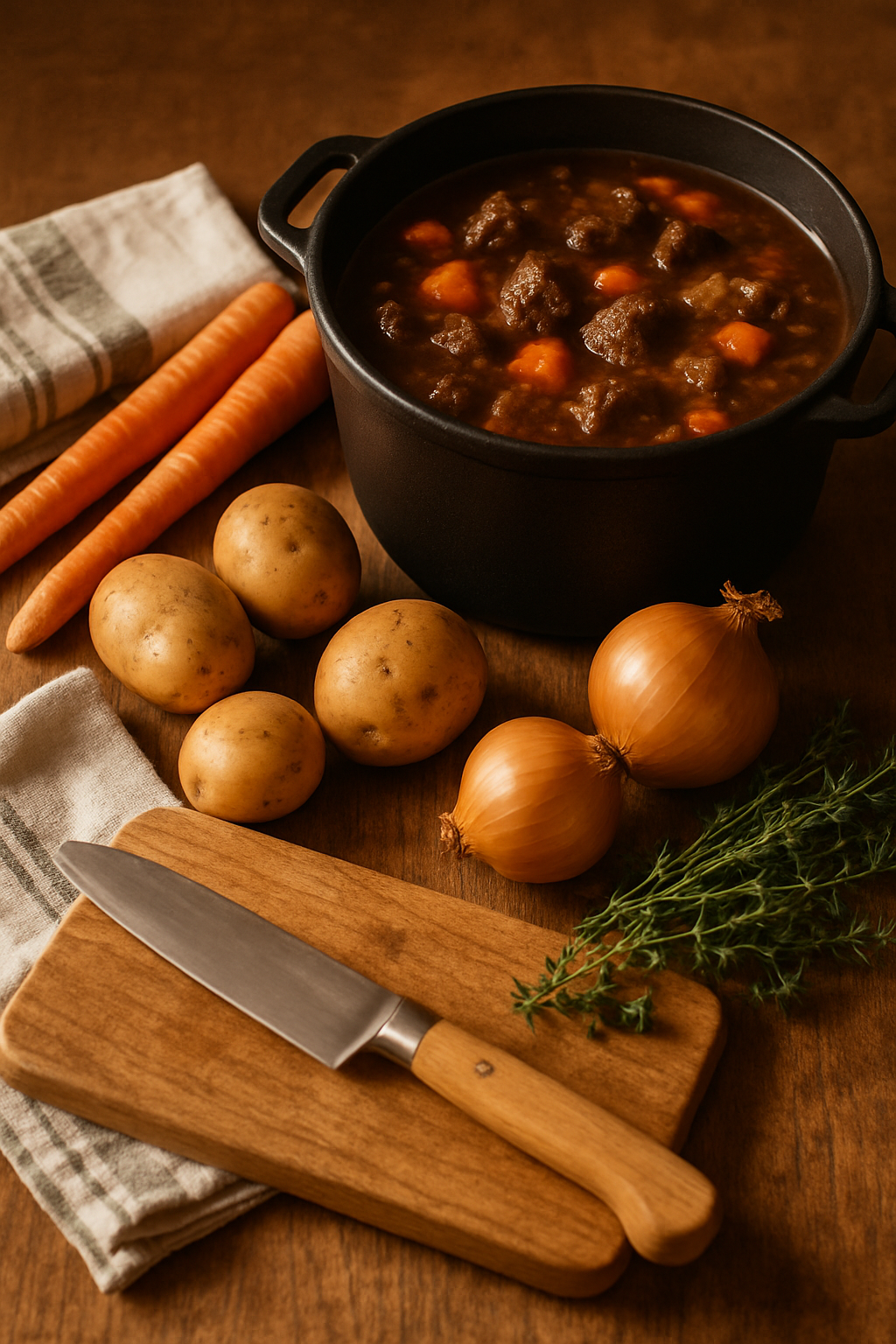 Rustic prep scene on a wooden board with veg and a kitchen knife